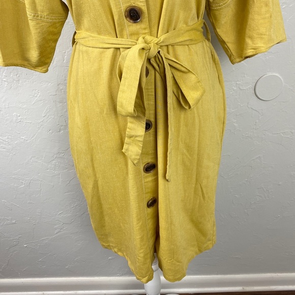 New York & Co x Eva Mendes yellow linen blend shirt dress Medium - Picture 3 of 15